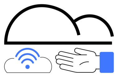 Kablosuz sinyal simgesi olan bir bulutun yanında el. Bulut hesaplama, teknoloji desteği, dijital iletişim, veri bağlantısı, yenilik, kablosuz ağlar, minimalizm için idealdir. Satır metaforu