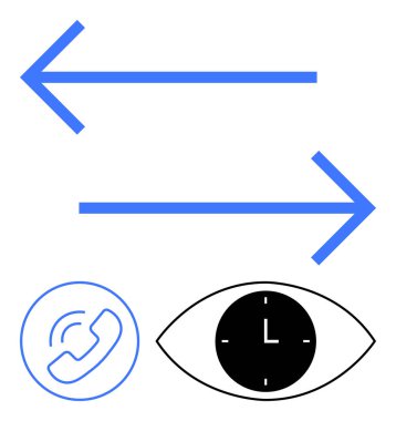 Mavi çift yönlü oklar bir telefon konuşmasının simgelerinin üzerindeki iletişimi, saati olan bir gözü, zamanı takip etmeyi, izlemeyi ve mesajlaşmayı sembolize eder. İletişim, gözlem ve zaman için ideal
