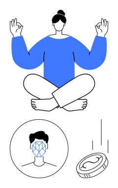 Oturarak meditasyon yapan kişi, yüz tanıma profili ve düşen bozuk para farkındalığı, dijital güvenliği, finansal yapay zekayı, teknolojik dengeyi, yeniliği ve soyut düz metaforu temsil eder.