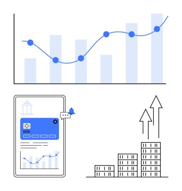 Bar and line graph, mobile banking dashboard, and arrows over buildings showing financial growth trends. Ideal for economy, finance, analytics, banking, business, investment success abstract line clipart