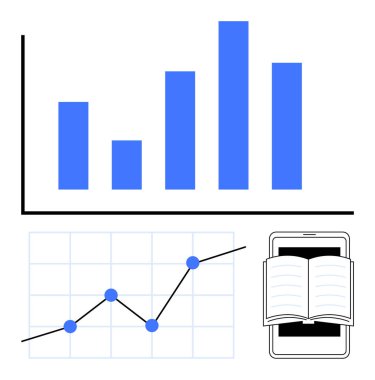Bar tablosu, ızgara noktalı çizgi grafiği ve açık bir kitap gösteren akıllı telefon. Eğitim, mobil öğrenme, veri analizi, araştırma, istatistik, dijital araçlar için ideal düz çizgi metaforu