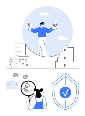 Şehir manzarası üzerinde ampul ve yapboz parçalarını dengeleyen kişi, para üzerinde büyüteç inceleyen kadın, işaretli kalkan. Yenilik, güvenlik, iş büyümesi, yatırım ve risk için ideal