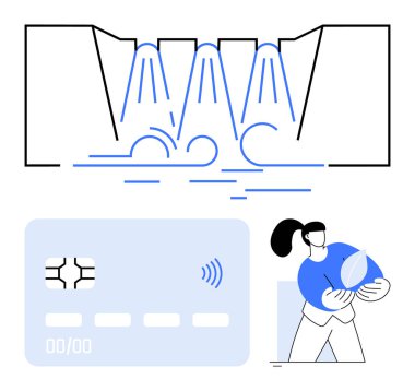 Şelale şelalesi, dijital ödeme kartı ve mali simge taşıyan figür. Fintech, çevrimiçi ödemeler, bankacılık, işlem sistemleri, finansal akış, inovasyon soyut çizgi düz metaforu için ideal