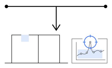 Düzenli kutuları gösteren bir ok ve hedef sembollü bir grafik ile diyagram akışı. Veri işleme, organizasyon, analiz, strateji, araştırma, planlama, soyut çizgi düz metaforu için ideal