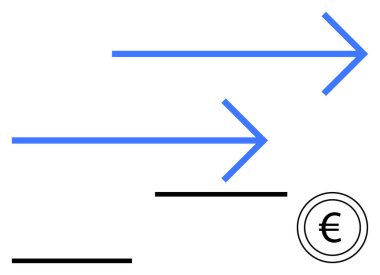 Sağı gösteren mavi oklar, yatay siyah çizgiler ve Avrupa para birimi sembolü. Finans, ilerleme, işlemler, lojistik, yatırım ekonomisi büyümesi için ideal. Basit soyut çizgi düz metaforu
