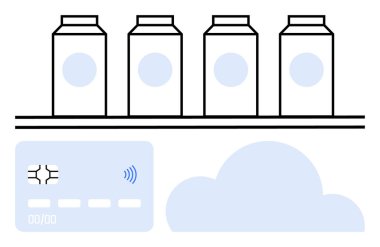 Raftaki süt kutuları, temassız ödeme, depolama veya veri için kredi kartı ve bulut ile eşleştirilmiş ürünleri temsil eder. Perakende, fintech, alışveriş, IOT, teknoloji lojistik çizgisi için ideal