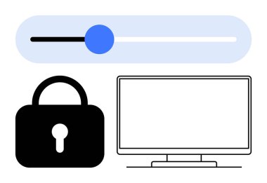 Güvenlik için kilit simgesi, teknoloji kullanımı için bilgisayar monitörü ayarlanabilir ayarlar öneren yatay kaydırıcı. Siber güvenlik, gizlilik kontrolü, çevrimiçi güvenlik, internet güvenliği ve teknoloji için ideal