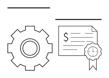 Dişli ve para birimi sertifikaları, finans, verimlilik ve başarı kavramlarını tasvir eder. Finans, sertifika, verimlilik, ekonomi, yatırım, büyüme ve ticaret için ideal