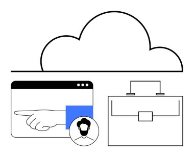 Tarayıcı penceresinin üstünde işaret eli, kullanıcı profili simgesi ve evrak çantası olan bir bulut. Teknoloji, işbirliği, bulut depolama, ağ oluşturma, takım çalışması, çevrimiçi araçlar için ideal düz çizgi metaforu