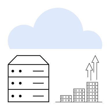 Üst sunucuda istiflenmiş bloklar ve yukarı doğru oklarla veri depolama, ölçeklenebilirlik ve büyümeyi temsil eden bulut. Bulut hesaplama, veri yönetimi, performans izleme, teknoloji ve analitik için ideal