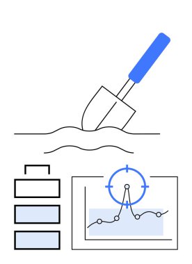Kürek kazısı akış şeması blokları ve analiz grafiği ile bağlantılı. Veri madenciliği, iş akışı, veri analizi, strateji, araştırma, eğilimler, soyut çizgi düz metaforu için ideal