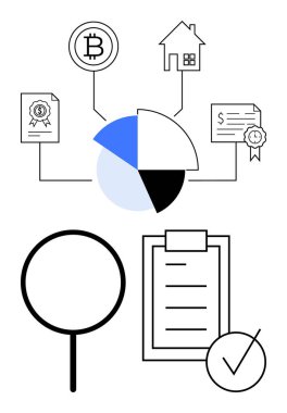 Kripto para birimine, mülkiyete ve finansal belgelere bağlı pasta grafiği. Geniş bir büyüteç, kontrol listesi ve altında bir işaret var. Finans, yatırım, analiz, planlama denetimi için ideal