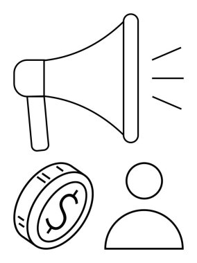 Ses yayan megafon, dolar sikke ve pazarlama, finans ve kullanıcı merkezli iletişim ikonu. Reklam, sosyal medya, markalaşma, satış izleyicileri iş dünyasını hedef almak için ideal