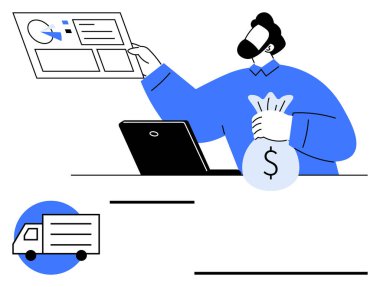 Laptop ve teslimat kamyonunun yanında para çantası ve lojistik çizelgesi tutan kişi. Lojistik, e-ticaret, tedarik zinciri, finans, iş analizi, dağıtım yönetimi, soyut çizgi düz
