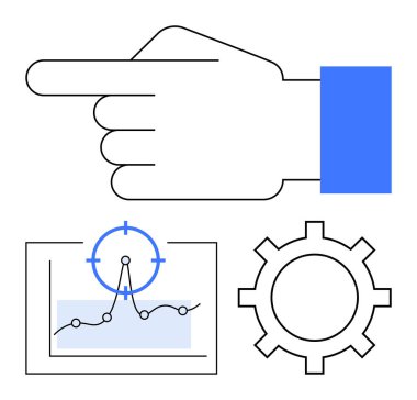 İşaret parmağı dişliyi işaret ediyor, hedef grafik veri görselleştirmesine odaklanıyor. İş hedefleri, analitik, proje yönetimi, optimizasyon, strateji, verimlilik için ideal. Soyut çizgi
