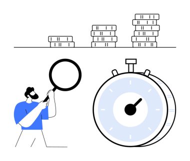 Adam kronometrenin yanındaki büyüteçle bozuk paraları kontrol ediyor. Finansal büyüme, analiz, yatırım ve verimliliğe odaklan. Ekonomi, tasarruf, zamanlama ve iş planlama başarısı için ideal