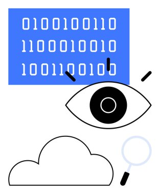 İkili kod dizisi, göz, bulut ve büyüteç veri analizini, mahremiyeti ve bulut hesaplamasını temsil ediyor. Siber güvenlik, veri analizi, bulut depolama bilgi teknolojisi için ideal