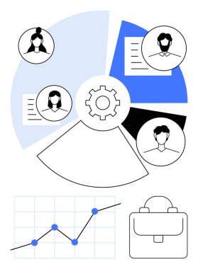 Belgelere bağlı profil simgeleri, pasta grafiği, ortadaki teçhizat, evrak çantası ve yükselen çizgilerle grafikler. Takım çalışması, veri analizi, iş planlaması, üretkenlik stratejisi ağı için ideal