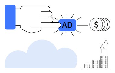 Reklam düğmesine tıkladıktan sonra madeni paralar, yükselen oklar, bulut arkaplanı ve bina yığınları geliyor. Pazarlama, reklam, gelir, dijital büyüme, ROI e-ticaret soyut çizgisi için ideal