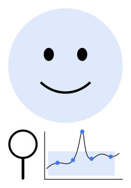 Büyüteç ve büyüme grafiğiyle gülen yüz. Başarı, iyimserlik, analiz, gelişme, gelişme, büyüme, mutluluk için idealdir. Satır metaforu