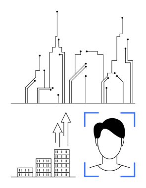 Abstract cityscape integrated with digital lines, growth bar charts, and human-centered focus for modern tech. Ideal for urban planning, AI, data trends, smart cities, digital development, futuristic clipart