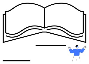 Büyük açık bir kitap özeti ve maviyle işaretlenmiş küçük bir figür. Eğitim, eğitim, okuma, yayıncılık, kütüphaneler, yaratıcılık, soyut öğrenme metaforu için idealdir. Soyut çizgi düz metafor