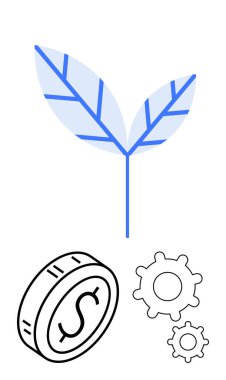 Yaprak filizi sürdürülebilirliği taşır, para maddi büyümeyi gösterir ve dişliler yeniliği temsil eder. Yeşil işletme, eko-ekonomi, büyüme stratejisi, girişimler, sürdürülebilirlik ve yenilik için ideal