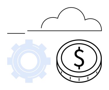 Bulut, dişli ve dolar para bulut teknolojisini, finansal büyümeyi ve optimizasyonu temsil eder. Otomasyon için ideal, finans, yenilik, teknoloji bulut hesaplama verimliliği soyut