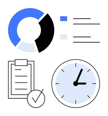 İki renkli şeması ve efsaneleri olan turta şeması, işaretli kontrol listesi ve analog saat. İş analizleri, verimlilik, zaman izleme, proje planlaması, iş akışı optimizasyonu için ideal
