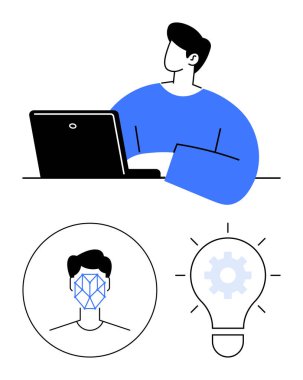 Dizüstü bilgisayar, yüz tanıma arayüzü ve ekipmanlı ampul kullanan biri. Teknoloji, yapay zeka, yenilik, biyometri, yaratıcılık akıllı çözümler dijital güvenlik için idealdir. Soyut çizgi düz metafor