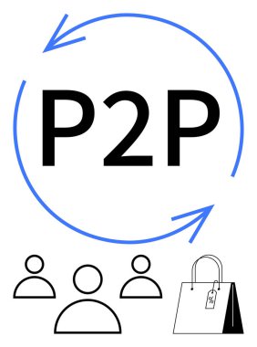 Oklarla çevrili P2P metni, döngüsel işlemleri temsil ediyor. İçinde insan simgeleri ve indirim etiketli bir alışveriş çantası var. E-ticaret, ağ, ticaret platformları, pazarlar ve dijital ortamda ideal