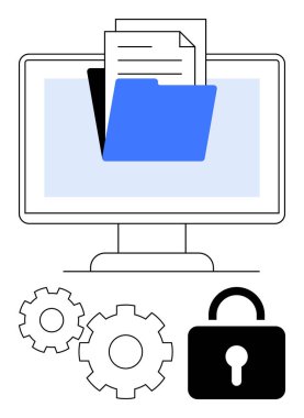 Bilgisayar monitörü, belgeli mavi bir dizin simgesini gösteriyor. Vitesler ve güvenli kilit simgesi ekranın altında. Veri yönetimi, güvenlik, bilişim çözümleri, dijital depolama, sistem için ideal