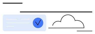 Bulut simgesinin yanında açık mavi bir dikdörtgen içinde soyut paralel siyah çizgilerle çevrili mavi işaret. Bulut hesaplama, doğrulama, onay, berraklık, basitlik, modern tasarım için ideal