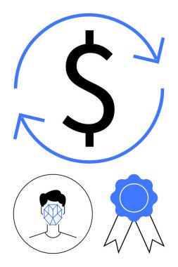 Dairesel oklu dolar işareti, yüz tanıma ikonu ve kaliteli sertifika kurdelesi. Finans, teknoloji, güvenlik, yüz kimliği, güven, kimlik doğrulama, kimlik doğrulama soyut hat için ideal