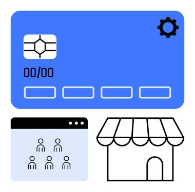 Çipli kredi kartı, kullanıcı arayüzü tarayıcı simgesi ve mağaza ön hatları dijital ödeme, e-ticaret, çevrimiçi alışveriş, tüketici erişilebilirliği öneriyor. Fintech, perakende, yenilik için ideal