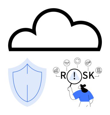 Kalkanın üstündeki bulut çizgisi ve büyüteç kullanarak analiz yapan biri. Siber güvenlik, bulut koruması, veri analizi, risk yönetimi, tehdit algılama, gizlilik stratejileri için ideal