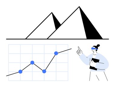 Artan grafik kaplamasında VR kulaklık takan kadın, arka planda piramitler. Veri analizi, iş stratejisi, gelecekteki hedefler, eğitim, yenilik, sanal öğrenme için ideal. Soyut çizgi