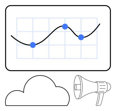 Veri noktaları, şebeke, bulut şekli ve megafonla çizilmiş bir grafik. Veri analizi, bulut hesaplama, iletişim stratejileri, pazarlama, iş sunumları, istatistiksel analiz ve dijital için ideal