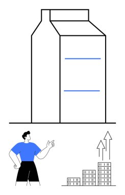 Dev bina, yükselen binaların yakınındaki yükselen okları işaret eden uzun boylu bir insan. Mimarlık, gayrimenkul, iş büyümesi, modern planlama, ilerleme, kentsel tasarımlar, soyut