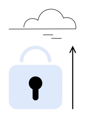 Asma kilit bulut oku. Siber güvenlik, veri koruması, çevrimiçi mahremiyet, güvenli depolama, bulut bilgisayarı, şifreleme, dijital güvenlik için ideal. Satır metaforu güvenli veri transferini vurguluyor