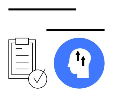 Yukarı doğru oklarla dolu profil siluetinin yanında, büyümeyi sembolize eden bir kontrol listesi ve işaretli pano. Üretkenlik, ilerleme, liderlik, hedefler, planlama, zihniyet, soyut çizgi için ideal