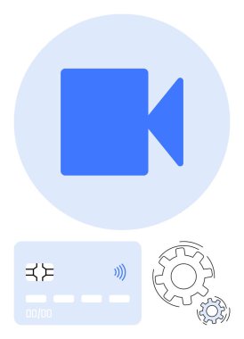 Mavi video kamera ikonu, çipi ve kablosuz sinyali olan kredi kartı, vitesler. Fintech, video akışı, çevrimiçi ödemeler, yenilik, medya platformları, otomasyon soyut metaforu için ideal