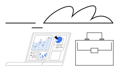 Analitik gösterge paneli, bulut sembolü ve evrak çantasını gösteren dizüstü bilgisayar. Bulut hesaplama, iş verileri, profesyonel çözümler, uzaktan çalışma, dijital dönüşüm, SaaS soyut çizgisi düz çizgi için ideal