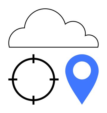 Siyah hedefin üstünde bulut ve mavi konum işareti. Bulut hesaplama, haritalama, seyahat, navigasyon, konum hizmetleri, GPS teknolojisi ve iş planlaması için ideal. Satır metaforu
