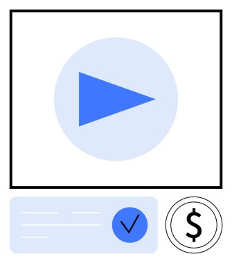 Açık mavi bir çemberin içinde oynat düğmesi, belgede işaretle işaretle, ve bir daire şeklinde dolar işareti. Video akışını, çevrimiçi işlemleri, finansal onayları, dijital içeriği resmetmek için ideal
