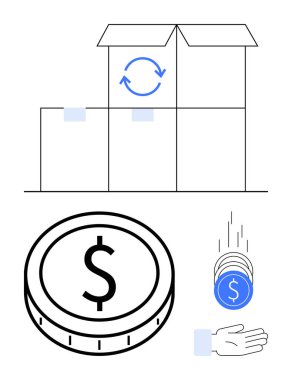 Nakliye sembollü kutular, bir elin içine düşen bozuk paralar, cesur madeni paralar. E-ticaret, ödemeler, lojistik, ticaret, nakliyat, finansal planlama için ideal düz bir metafor