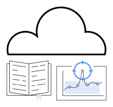 Açık bir kitap ve veri tablosunun üzerinde büyük bir bulut ana hatları var. Eğitim, analitik, öğrenme kaynakları, bulut verileri, araştırma, bilgi paylaşımı, soyut çizgi düz metaforu için ideal