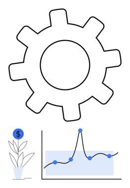 Dişliler sembollü saksı fabrikası ve üzerinde dolar grafiği var. Yenilik, büyüme, finans, ekonomi, üretkenlik, yatırım, analiz için ideal. Satır metaforu