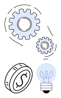 Bir dolar bozuk para ve parlayan bir ampulle dönen dişliler. Takım çalışması, verimlilik, yenilik, iş fikirleri, finansal strateji, problem çözme, soyut çizgi düz metaforu için ideal