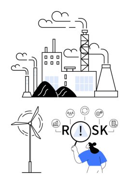 Duman yayan fabrika, rüzgar türbini, büyüteçle riski analiz eden kişi, sürdürülebilirlik, kirlilik ve güvenlik simgeleri. Enerji, çevre ve strateji risk analizleri için ideal
